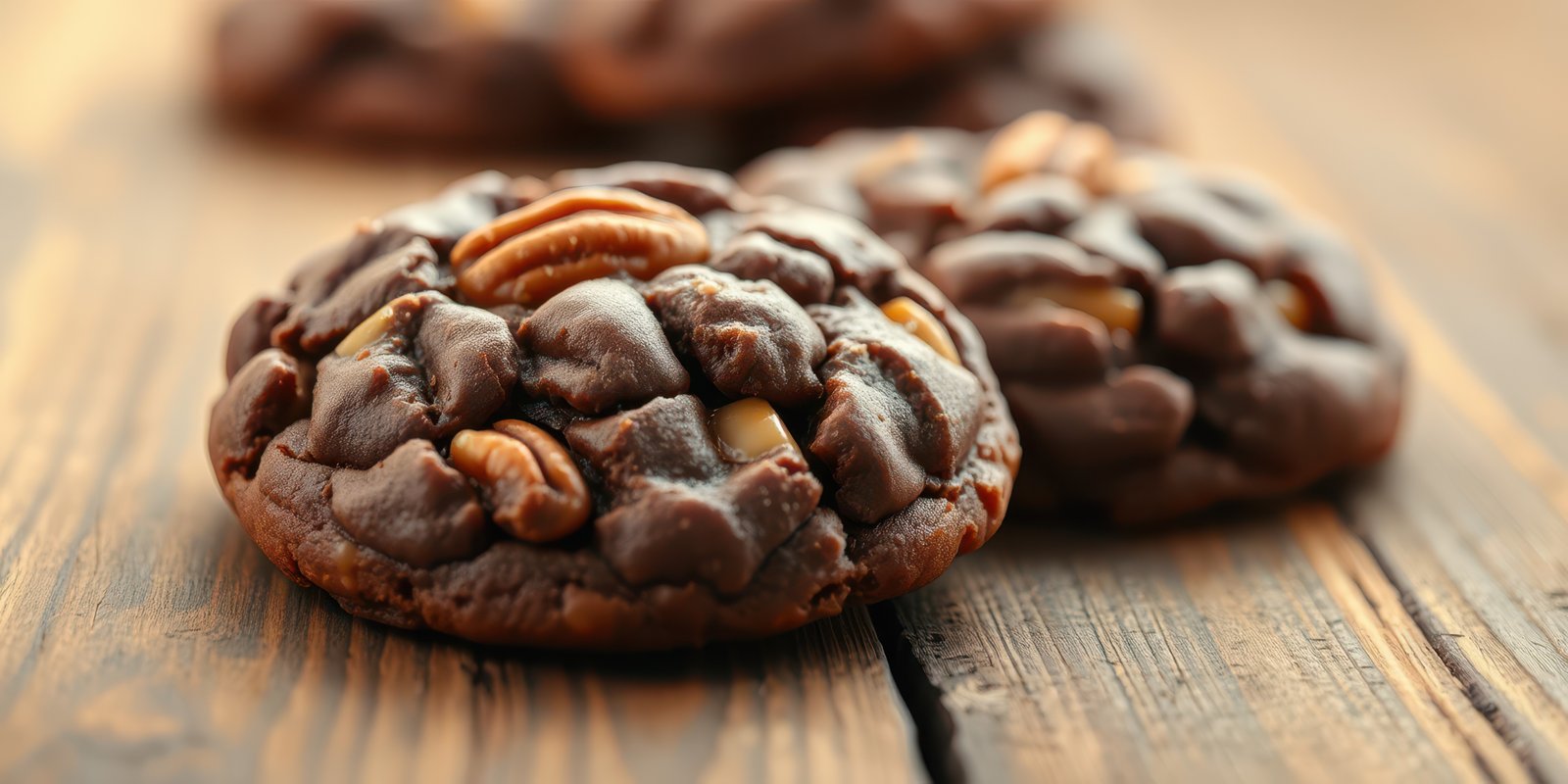 Chocolate cookies with pecans arranged on a rustic wooden table in warm lighting